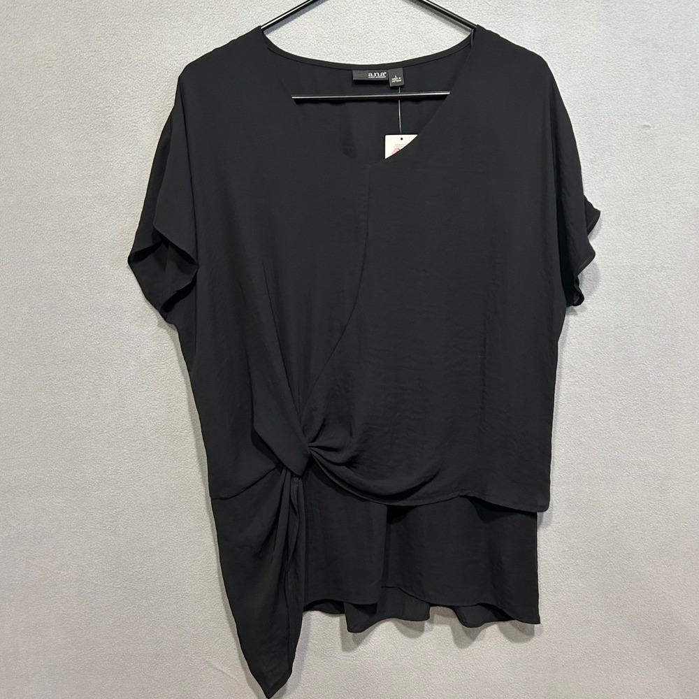 a.n.a Black Blouse Womens Large Black‎ V-Neck Front Knot Evening Office Casual